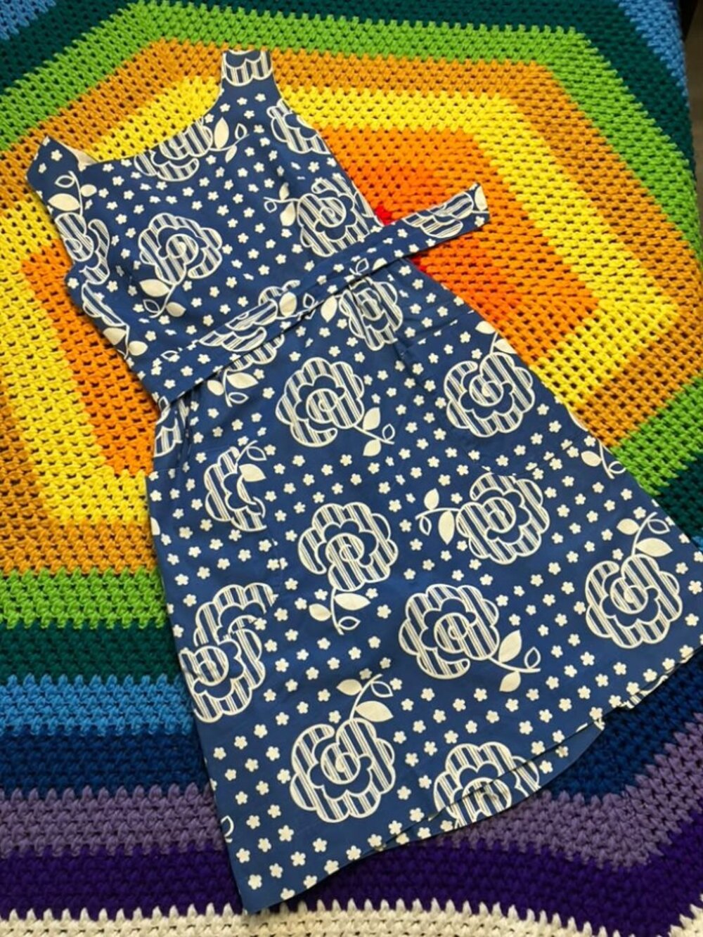 70's Vintage Malia Honolulu Blue White Mod Gogo Flower Wrap Midi Sundress Dress